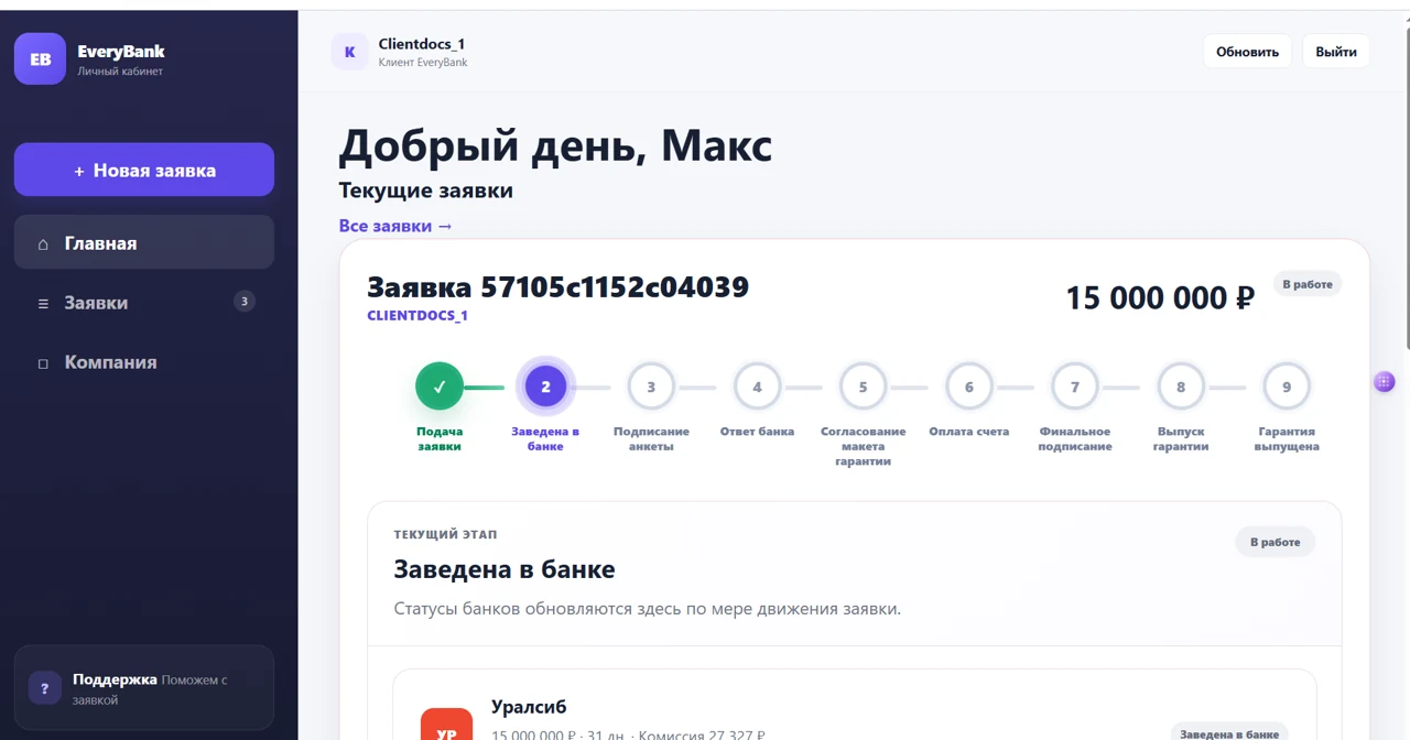 Личный кабинет Everybank: текущая заявка, этапы оформления и статус рассмотрения банком